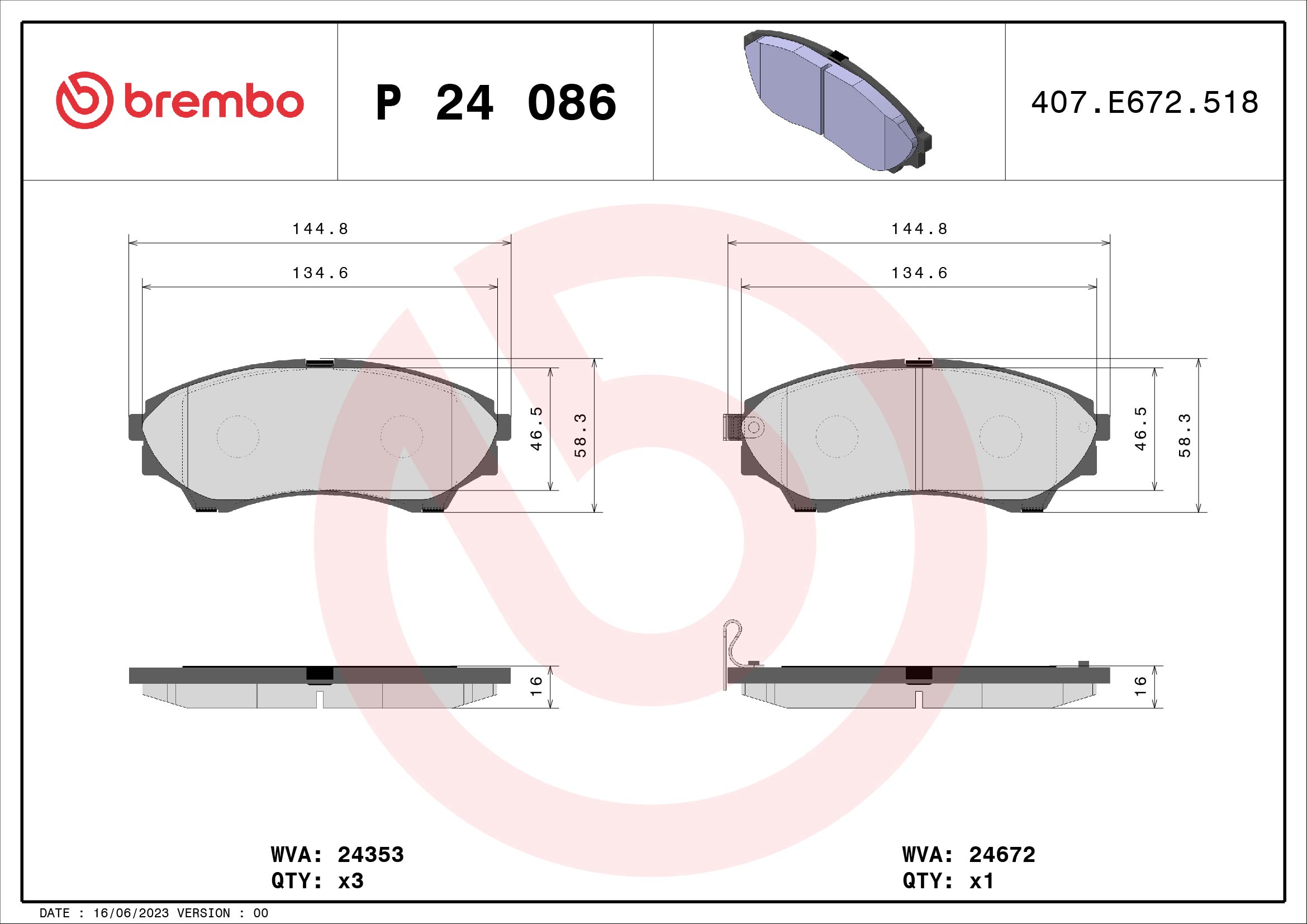 A.B.S. P 24 086 BREMBO Bremsbelagsatz, Scheibenbremse